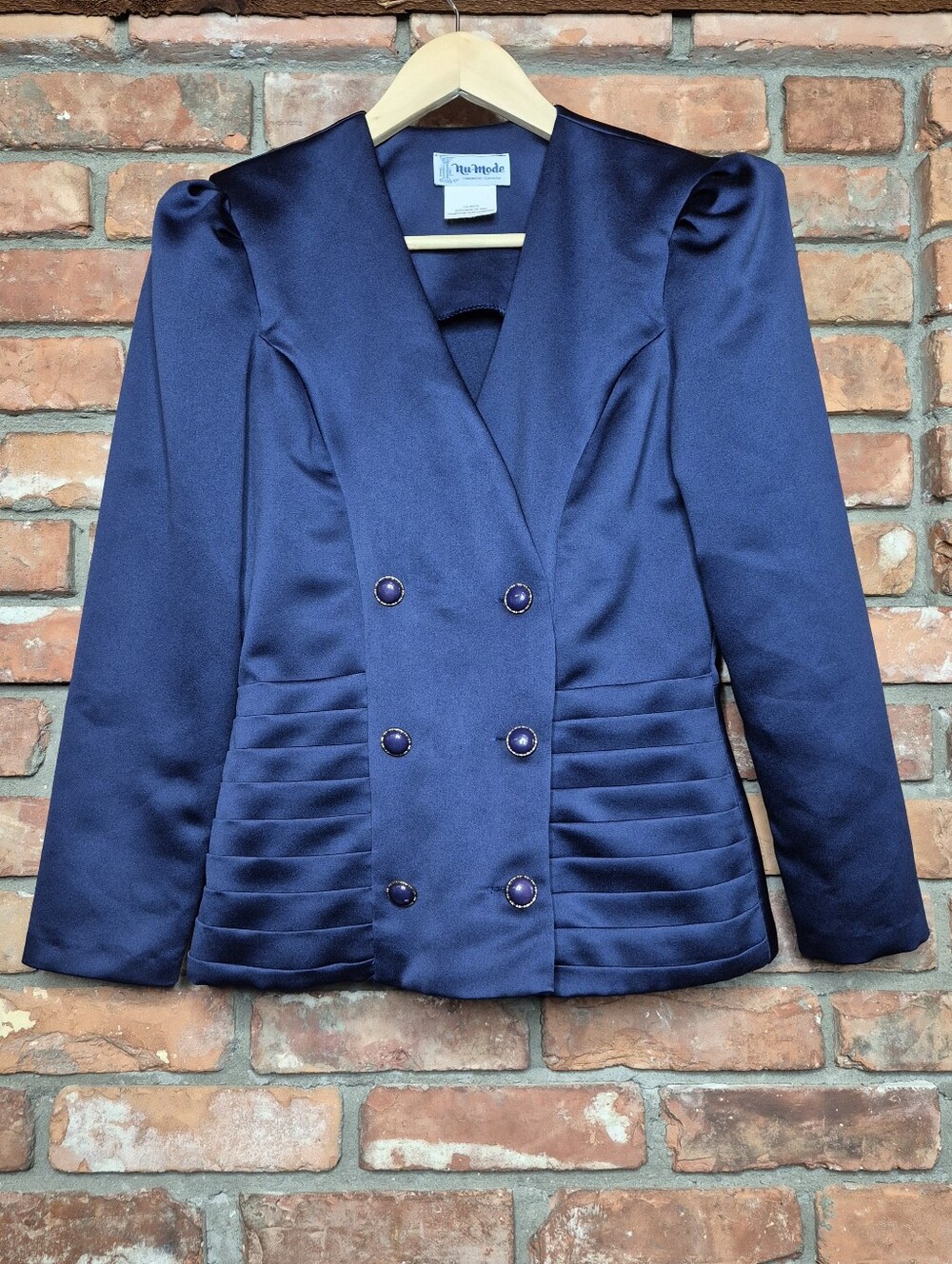 Nu-Mode Toronto Vintage Navy Satin Blazer Size 9/10 Pleated Peplum Statement